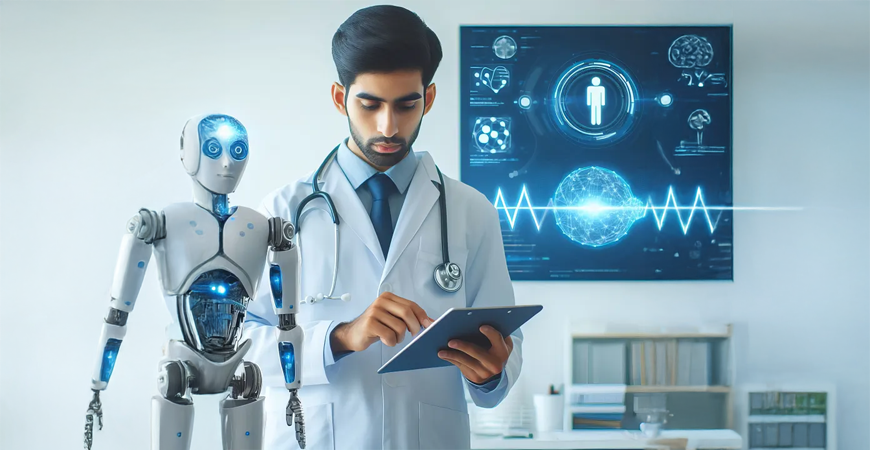 Cover image for June 2024 blog 'The Transformative Impact of AI on Healthcare and Learning: A Critical Analysis'